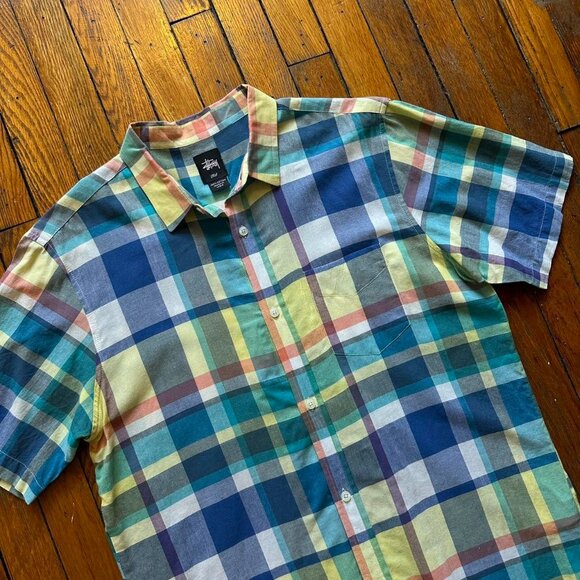Stussy Summer Plaid Camp Button Up Shirt Men Large Multicolor Skater Preppy - Picture 2 of 8